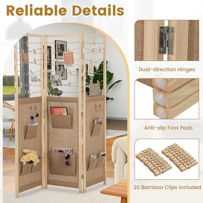 Paravento a 3 Pannelli, Separé Divisorio Pieghevole con 8 Tasche, 4 Ganci, Corde di Iuta per Appendere e 20 Clip in Bambù, Separatore di Spazio in Legno Boho per Casa e Negozi