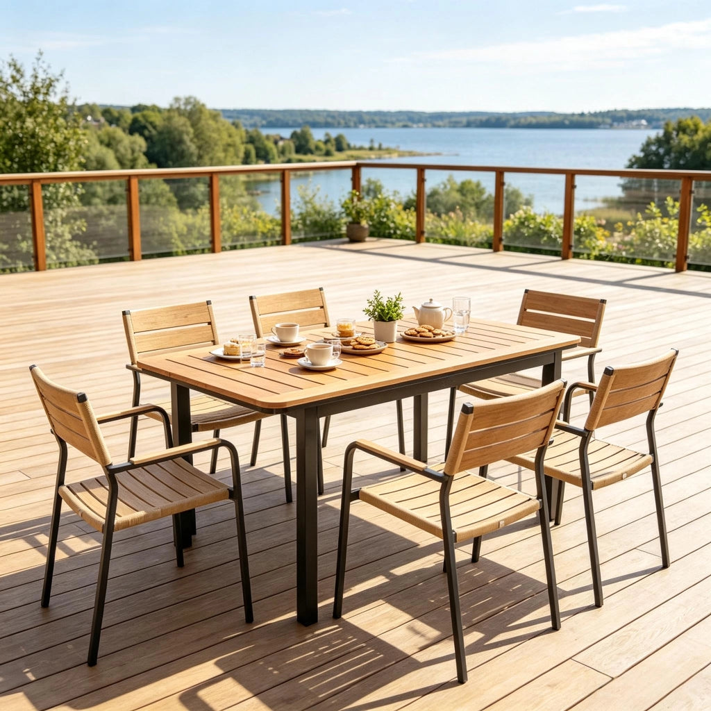 Tavolo da giardino per 6 persone con piano effetto legno resistente alle intemperie e telaio in metallo marrone