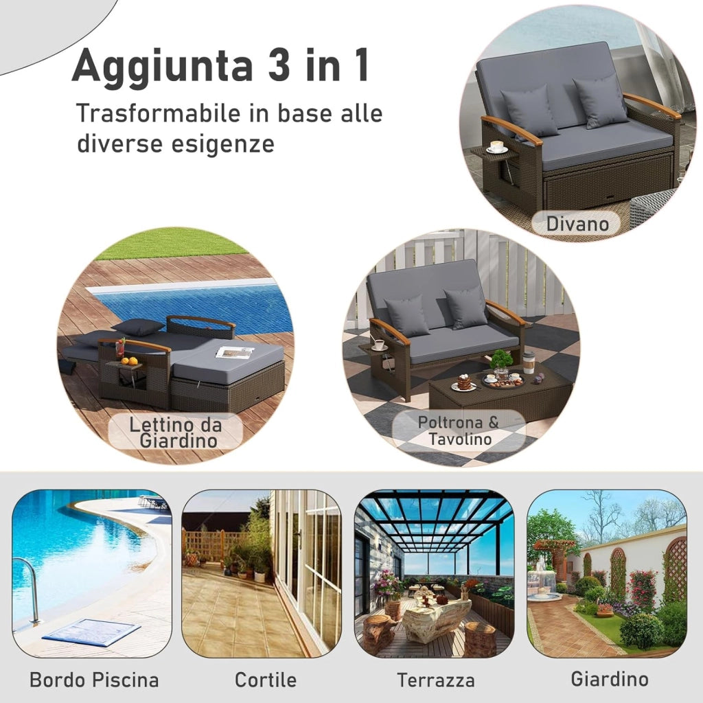Lettino Prendisole da Giardino per 2 Persone, Divano Regolabile con Panca Contenitore e Cuscino con Schienale Regolabile a 4 Livelli e Vassoi Laterali Estraibili per Cortile e Balcone (Grigio)