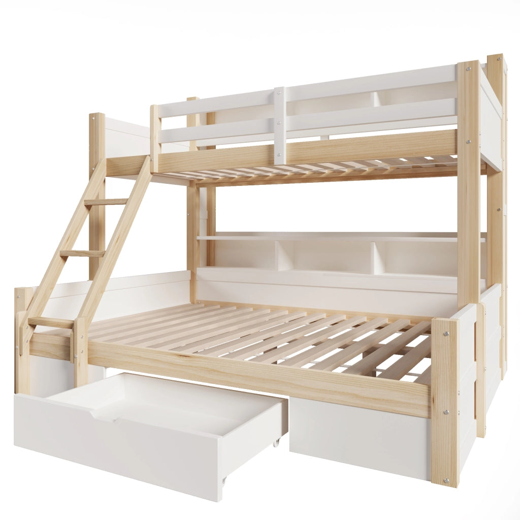 Letto a castello 90×200 cm e 140×200 cm; con LED; scala; vani aperti; senza materasso; legno bianco naturale