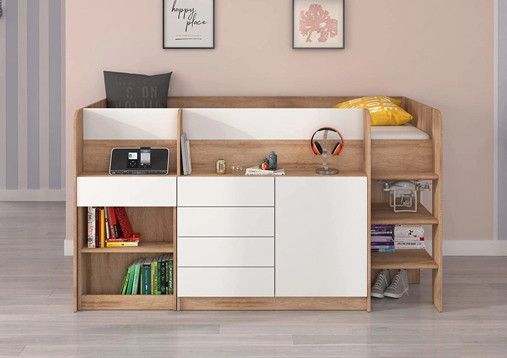 LETTO MOBILE CASSETTIERA CON SCRITTOIO SMILE P 204x 112x112cm LATO DESTRO ROVERE BIANCO