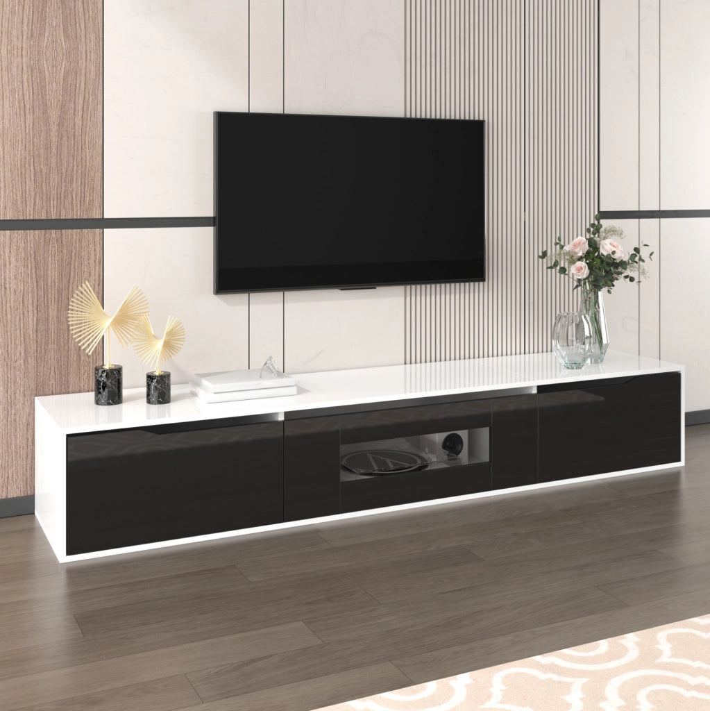 Mobile TV moderno nero e bianco lucido con LED multicolore, 180 cm