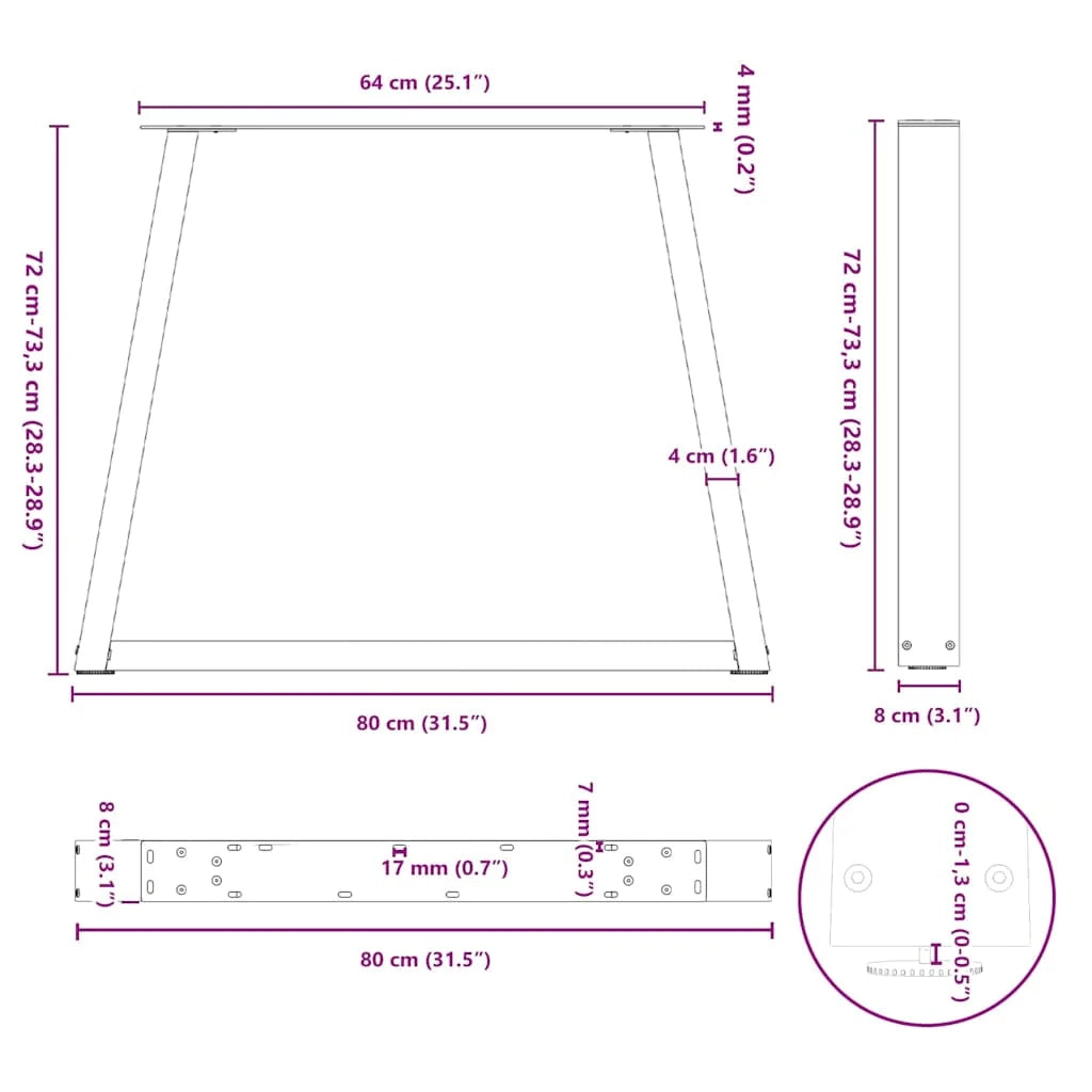 Set di 3 gambe per tavolo da pranzo moderne e geometriche 80 x 73 cm con piedini regolabili in acciaio antracite 02_0056878