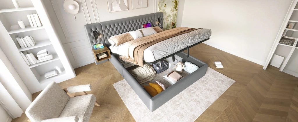 DESMIU Letto contenitore 180 × 200 cm 2 posti con 2 comodini, luce lettura, USB e Type-C, senza materasso, in velluto grigio
