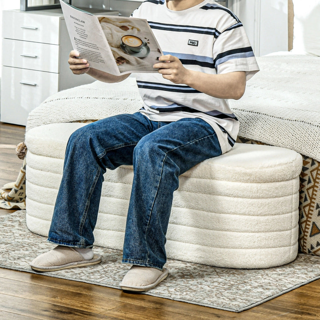 Panca da letto con contenitore in poliestere effetto teddy e gambe in legno bianco crema 116 × 41 × 40,5 cm