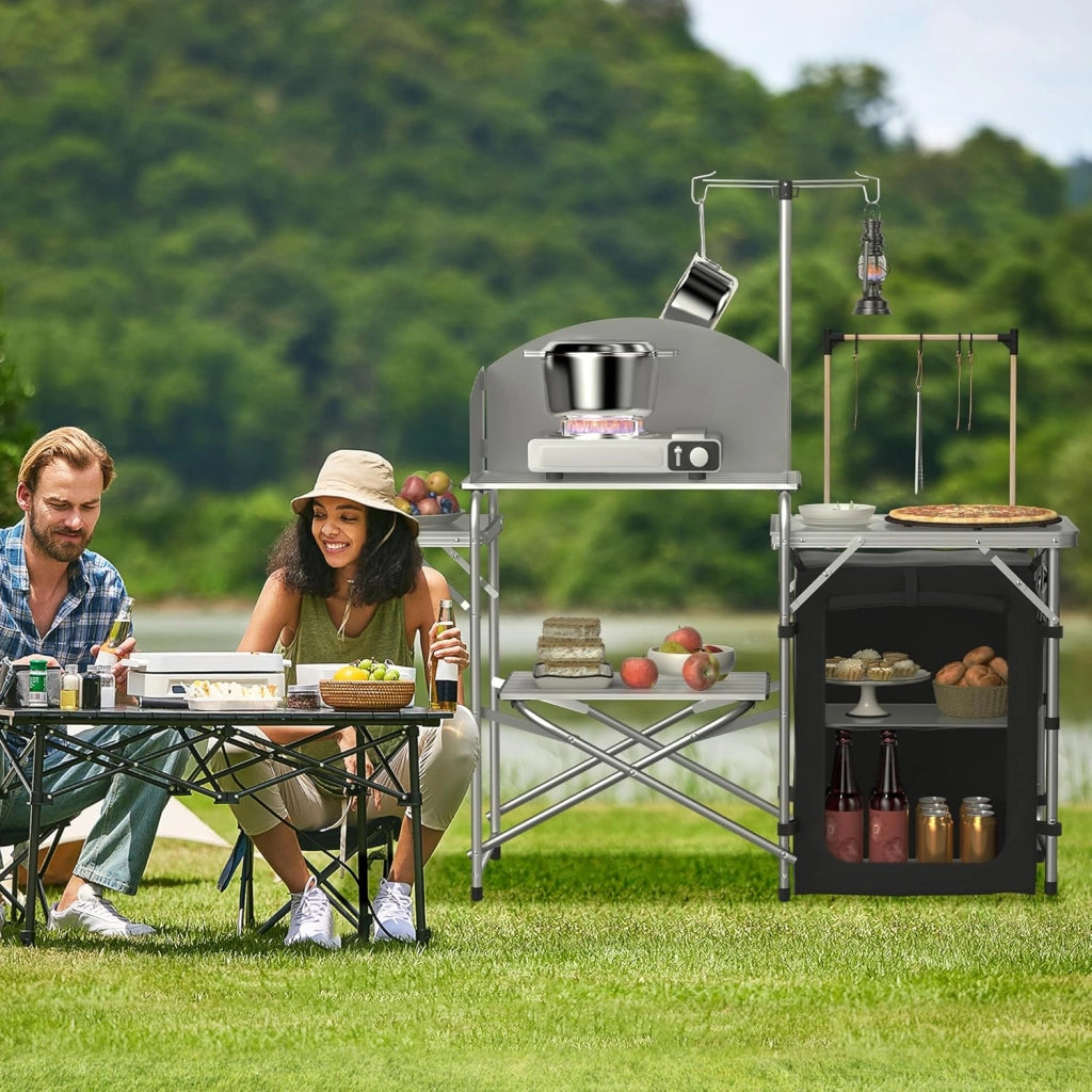 FIVMEN Cucina da Campeggio Pieghevole, Armadietto da Campeggio in Alluminio con 3 Piani di Lavoro, Scomparto, Supporto per Luci e 4 Ganci, Armadietto da Cucina per Campeggio all'aperto
