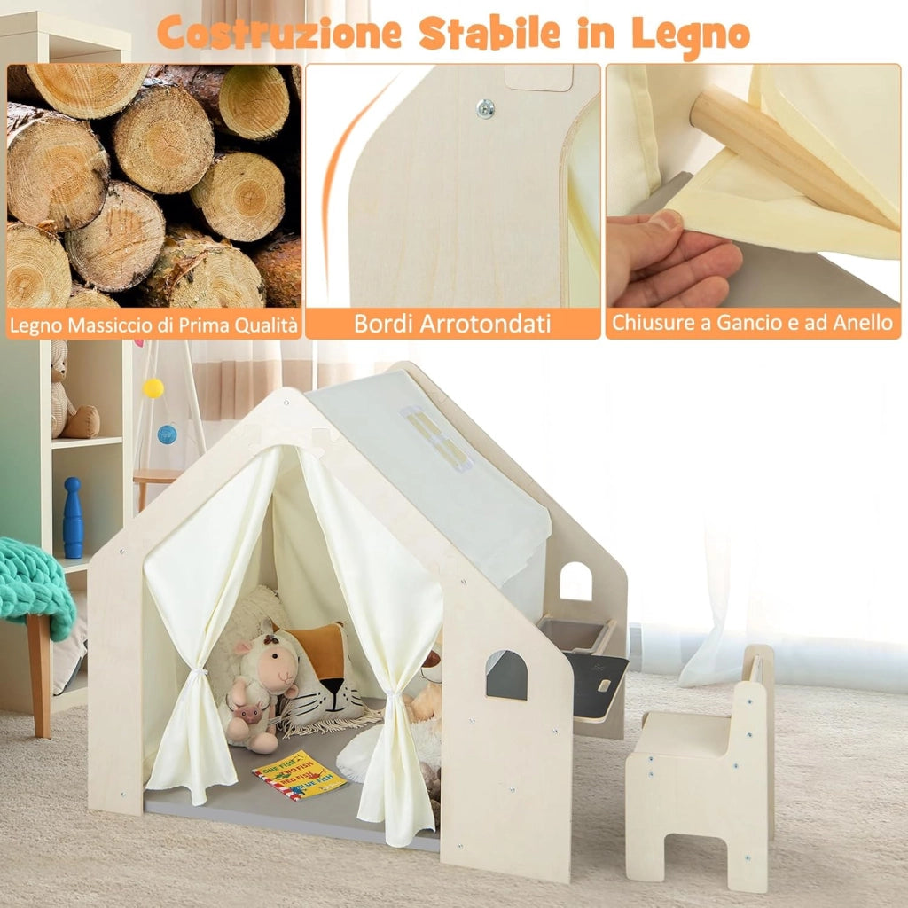 6 in 1 Tenda per Bambini in Legno, Tenda Casetta da Gioco con Tavolo e Sedia, con Tappetino Lavagna e 6 Scatole Portaghiochi, Capanna per Bambini (Grigio 98 x 131 x 113 cm)