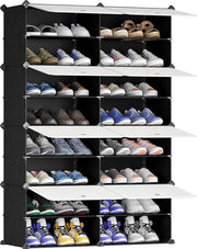 Organizzatore di scarpe multifunzionale modulare con parete divisoria rimovibile - telaio in plastica e metallo - porte in plastica bianca - cassettone nero - 2X8