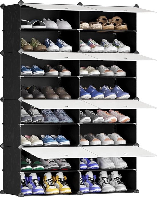 Organizzatore di scarpe multifunzionale modulare con parete divisoria rimovibile - telaio in plastica e metallo - porte in plastica bianca - cassettone nero - 2X8