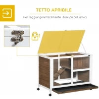 Conigliera a 2 Livelli con Casetta, Rampa e Vassoio Estraibile, in Legno di Abete, 91.5x53.3x73 cm, Marrone