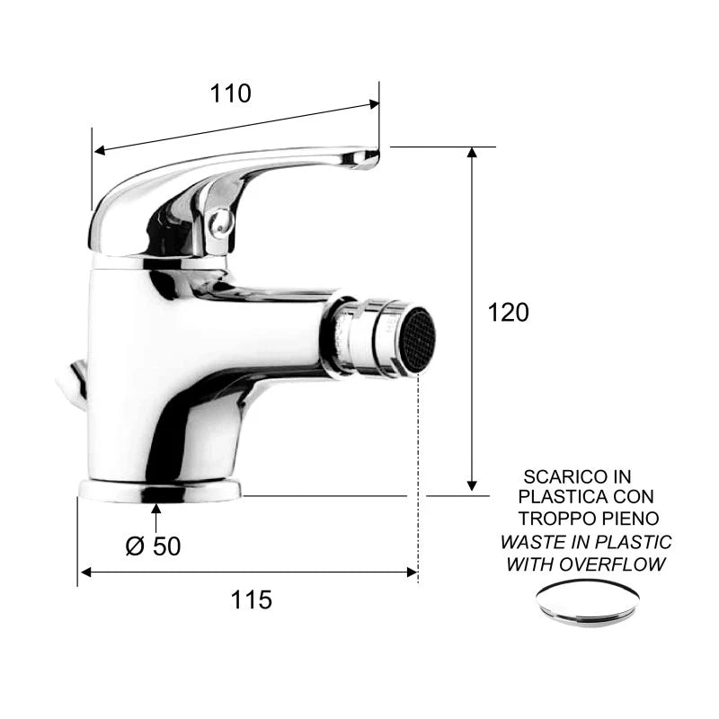 Rubinetto bidetcon aeratore direzionabile e scarico in plastica - serie 35