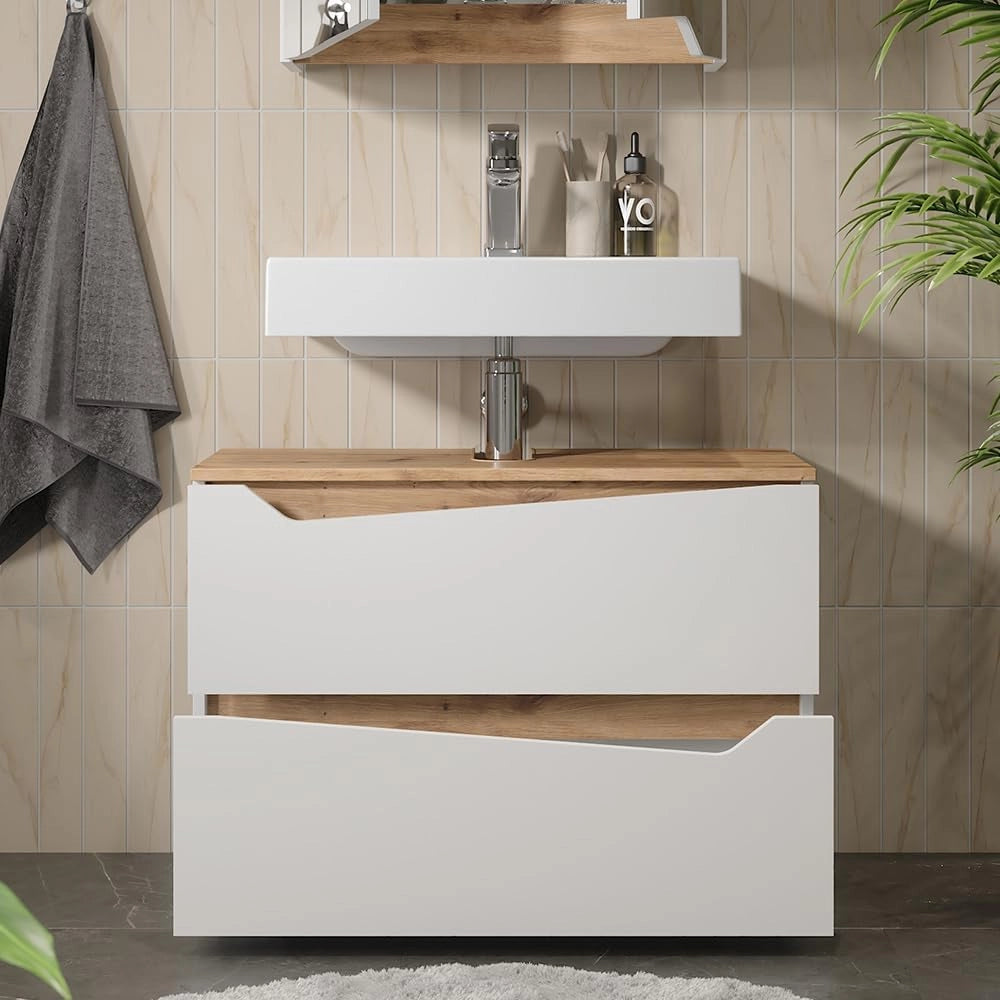 Mobile sottolavabo per bagno Marelle, Bianco/Artisan, 80 x 57.5 cm con 2 cassetti, adatto per l'installazione sotto lavabi standard