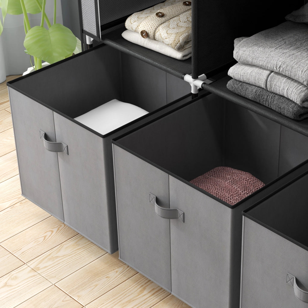 Armadio pieghevole in tessuto con 2 aste appendiabiti, ripiani aperti e 3 cassetti, grigio scuro, 125 x 43 x 162,5 cm