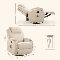 Poltrona Relax Elettrica Reclinabile Girevole con 2 Portabicchieri, Telecomando, Poggiapiedi e 4 Tasche Laterali, in Pelle PU, Legno e Acciaio, Crema