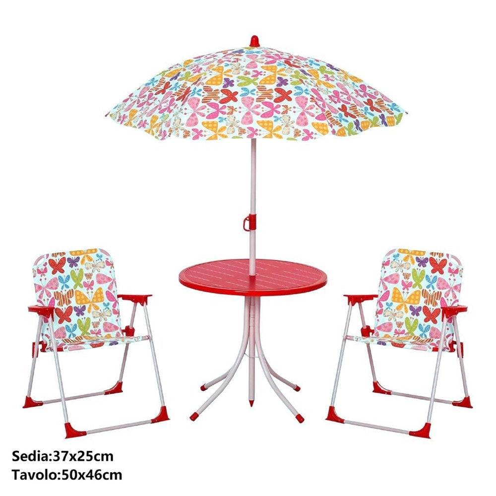 Trade Shop - Set Tavolo Sedia Bistrot Per Bambini Motivo Farfalla Giardino Cortile Con Ombrellone 529027 -
