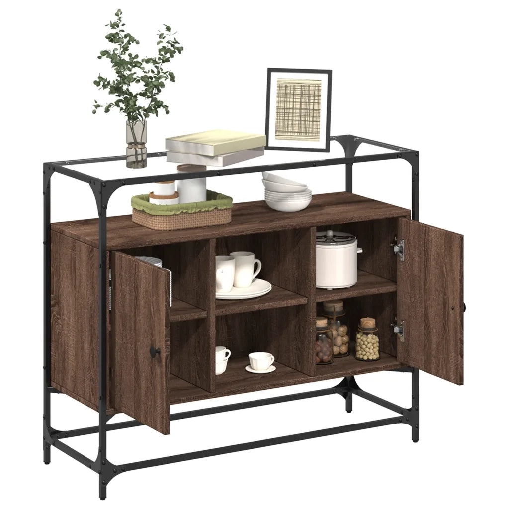 Credenza | Madia | Buffet da pranzo | Armadio da pranzo Piano Vetro Rovere Marrone 98x35x81 Legno Multistrato
