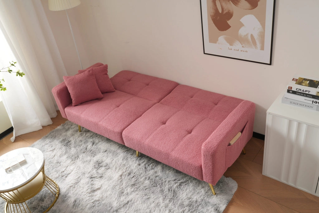 Divano Letto 2 Posti con Schienale Regolabile 105-180°; Tasche Laterali e Cuscini; in Sherpa Rosa