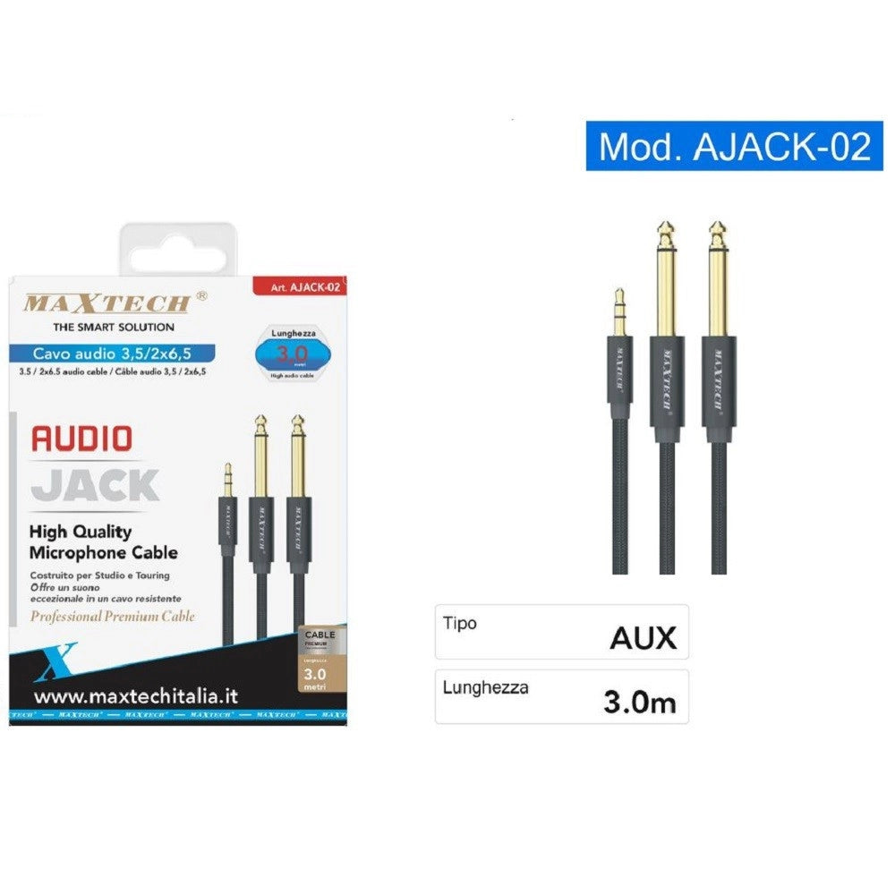 Trade Shop - Cavo Audio Aux 3.5mm Maschio A Doppio Cavo Jack 6.5mm Maschio Mono 3 Mt Ajack-02 -