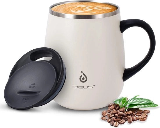 Caffè e tè, 470 ml (16 oz), tazza a doppia parete in acciaio inossidabile con isolamento a vuoto, manico antiscivolo e coperchio a scomparsa con grande capacità (bianco)