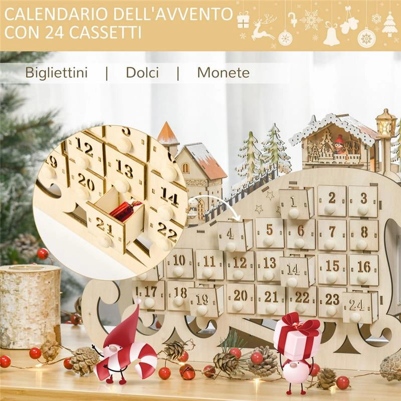 CALENDARIO DELL'AVVENTO A SLITTA IN LEGNO E LED 45X10X31 CM