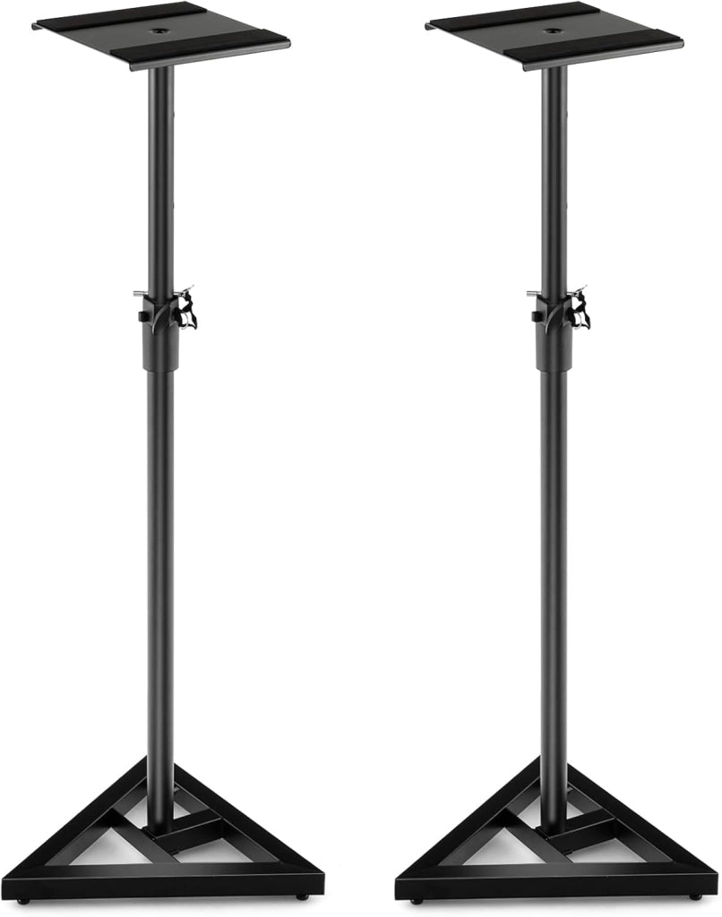 Set di 2 Supporti per Altoparlanti da Pavimento, Regolabile in Altezza da 97 a 157 cm, Stabile con Struttura a 3 Zampe, Vassoio in Metallo fino a 50 kg, Stativi per Casse Audio, Nero