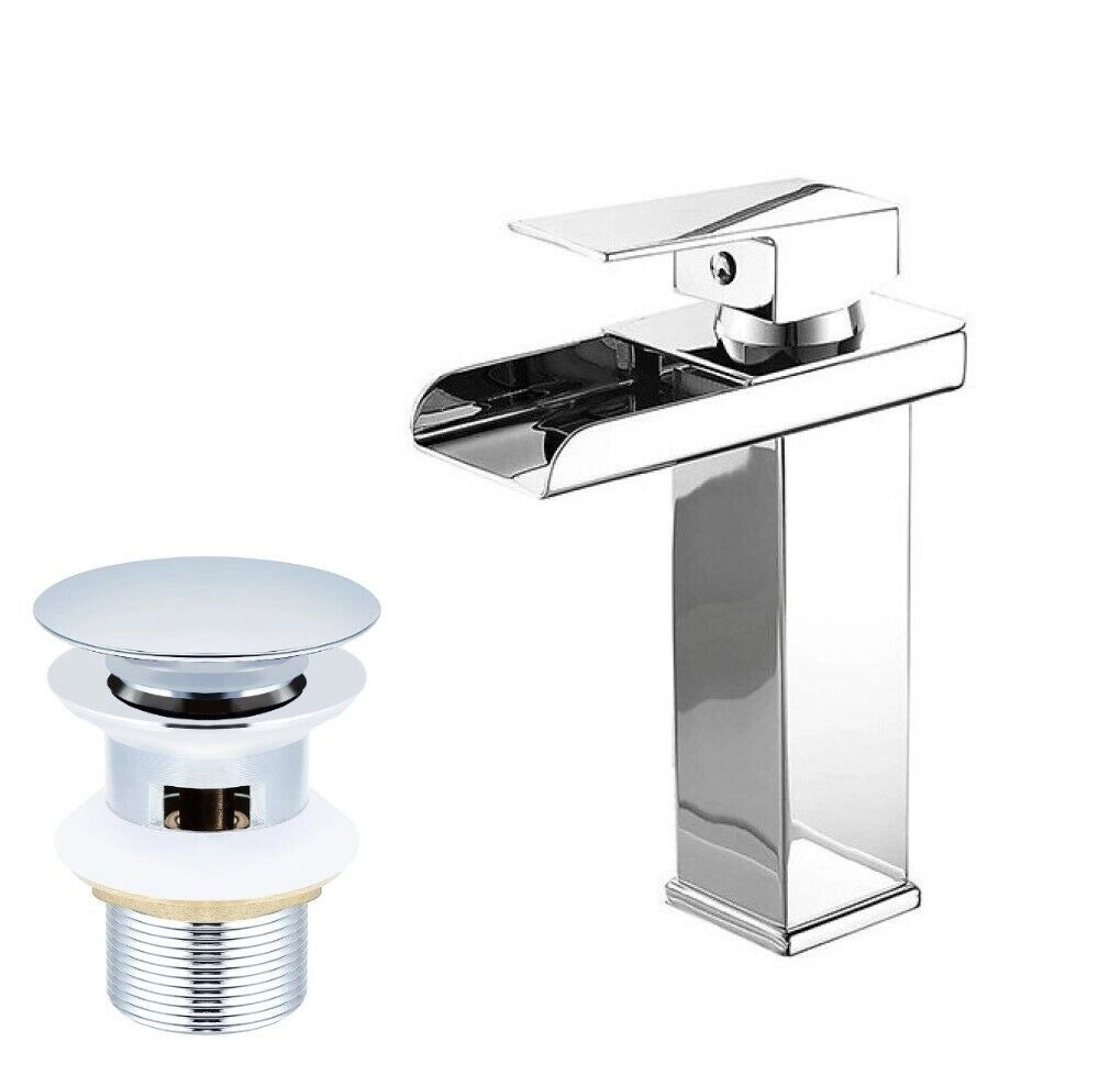 Rubinetto miscelatore lavabo bagno a cascata con piletta acciaio cromato 52952