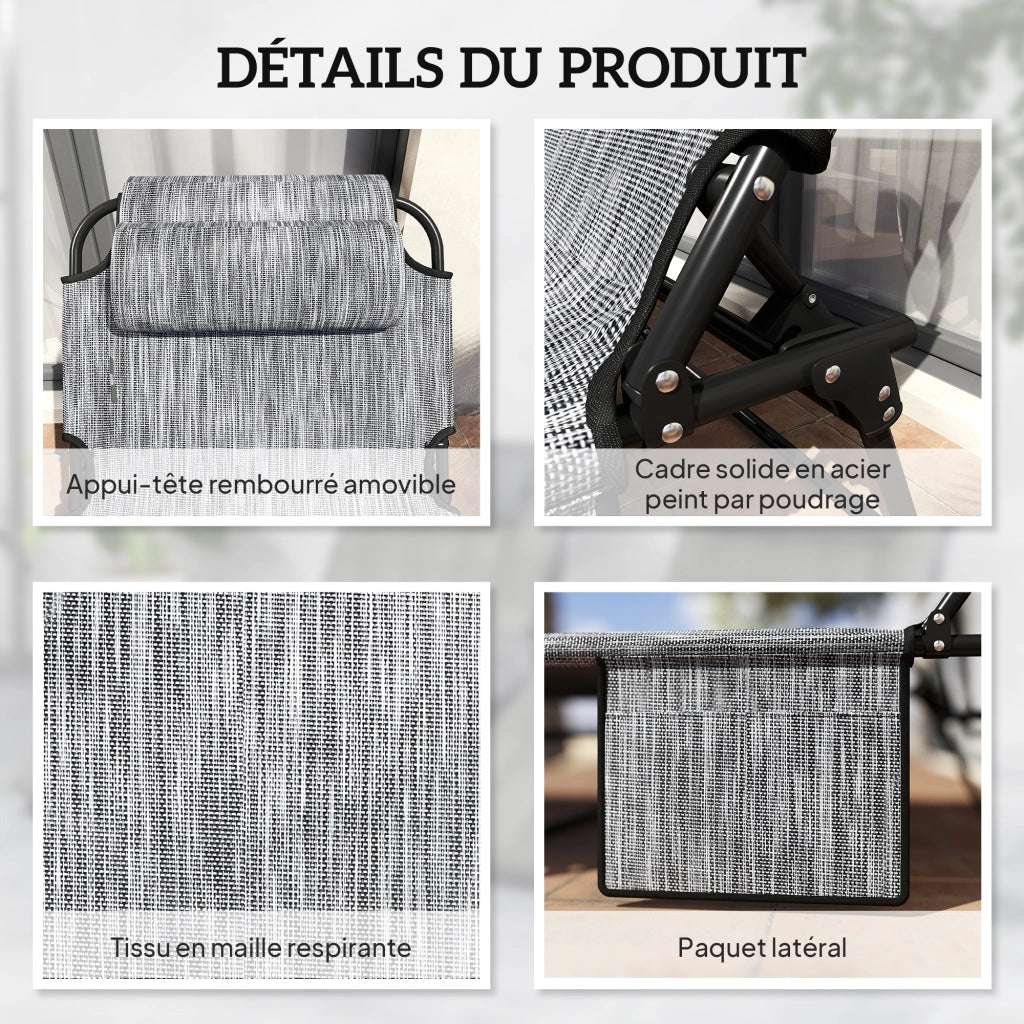 Lettini da sole pieghevoli 2 pezzi con schienale regolabile e cuscino ¨C zephmum ¨C grigio