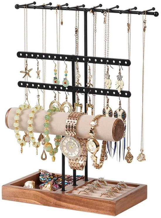 Sistema di conservazione per gioielli 5 livelli - Cassa per gioielli - Orecchini e collana supporto - Supporto per collana - Supporto per bracciale - Materiale di alta qualità metallo e legno - Sistema di conservazione per gioielli