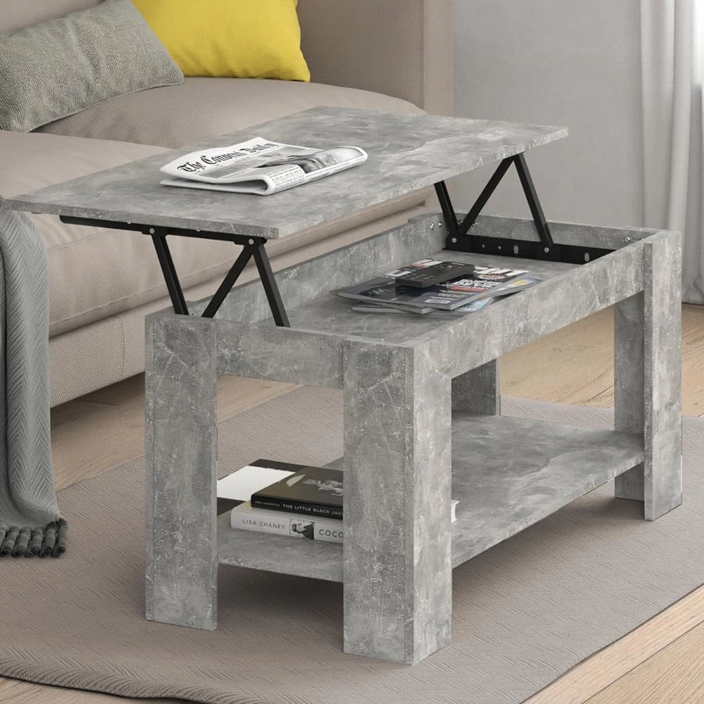 Tavolino soggiorno Lorenz, Calcestruzzo, 100 x 50 cm con funzione di sollevamento, con meccanismo di sollevamento e piano del tavolo regolabile in altezza