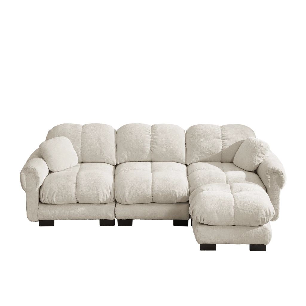 Divano angolare convertibile a 3 posti con cuscini decorativi e chaise longue in chenille beige chiaro