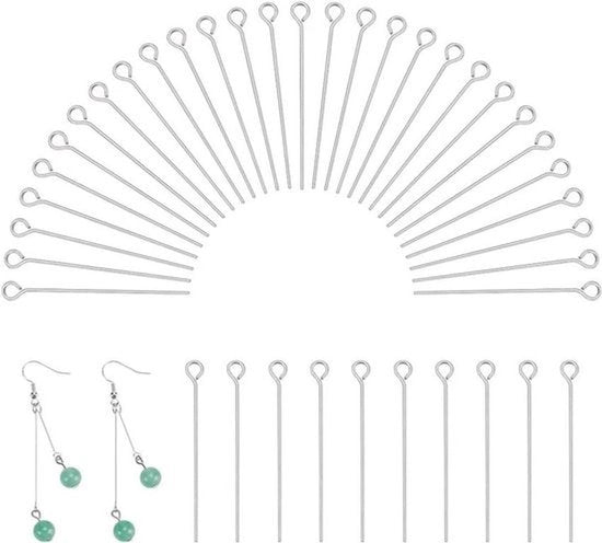 Accessori per gioielli - RVS - Pin per occhio - Metallo - Accessori per gioielli - RVS Pin per occhio gioielli accessori 100 pezzi, 30mm, 0,6 mm, foro: 2 mm.