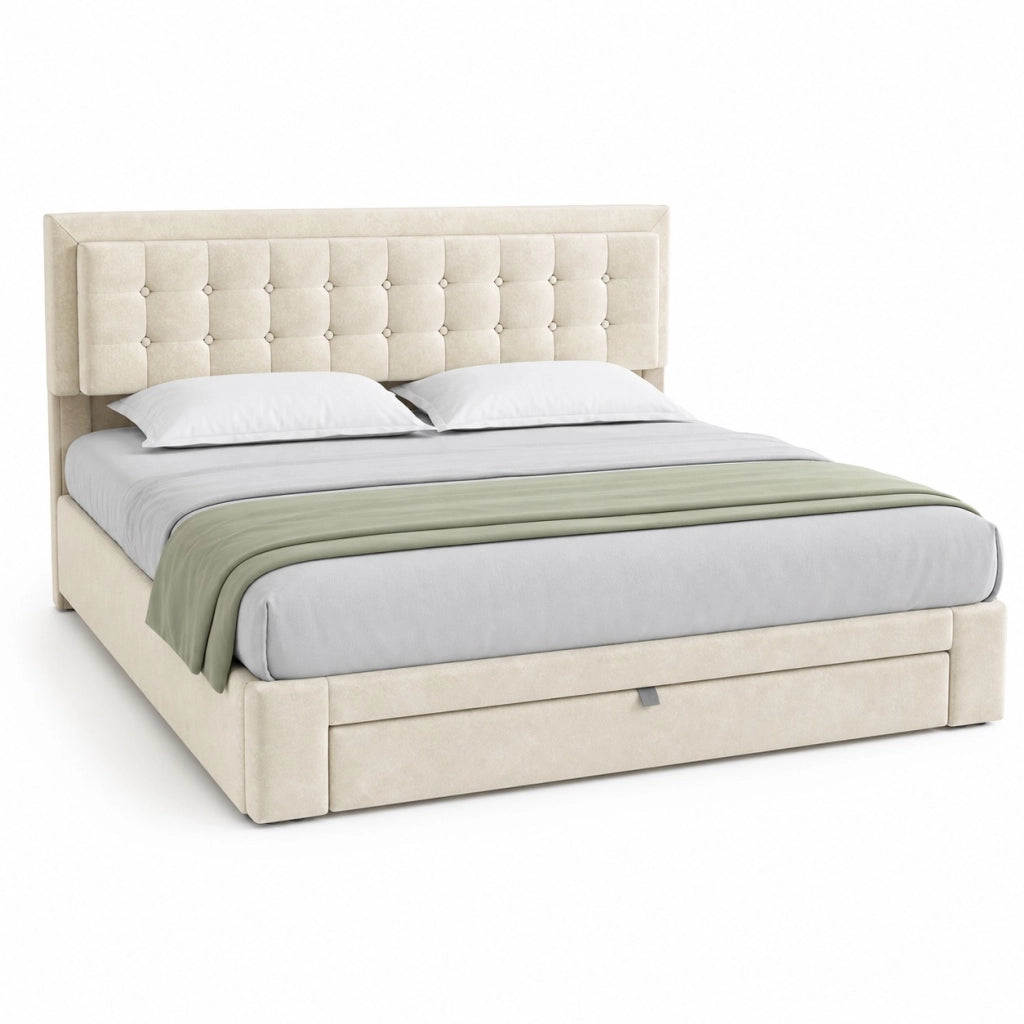 DESMIU Letto contenitore 2 posti con vano idraulico e 2 cassetti, 160 × 200 cm, senza materasso, beige