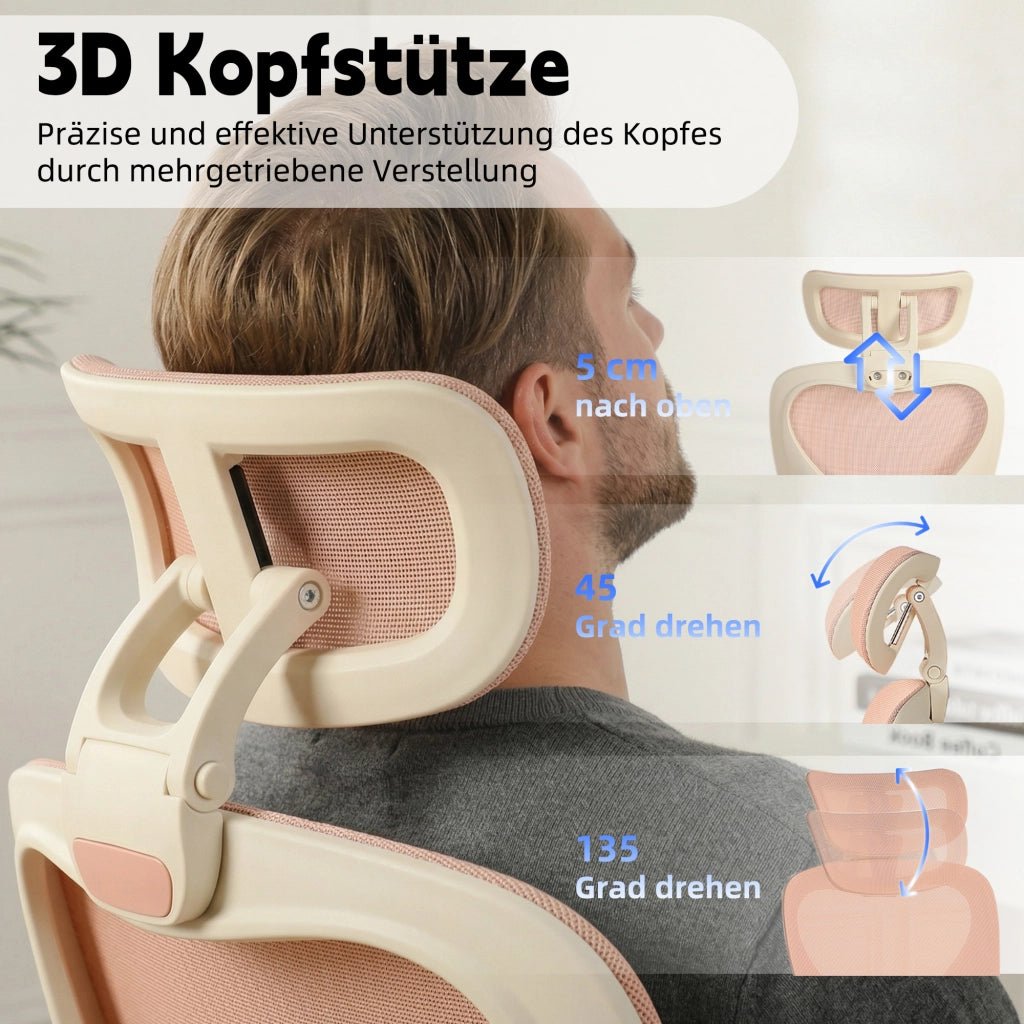 Sedia da ufficio ergonomica pieghevole con poggiatesta 3D e supporto lombare in mesh rosa 65 × 61 × 40.5 cm