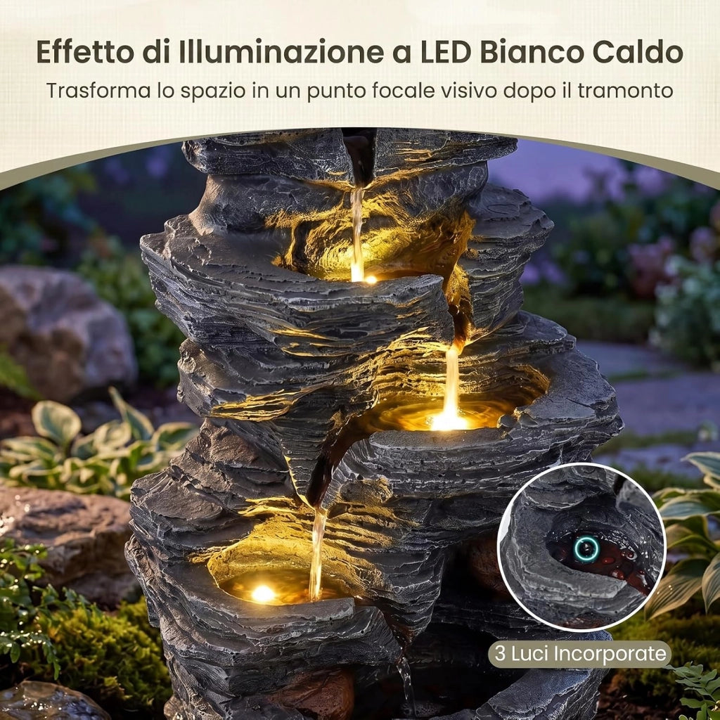 Fontana da Giardino, Fontanella Elettrica da Tavolo con Luci LED | Fontana Cascata in Resina a 5 Livelli con Flusso d'Acqua Regolabile e Pompa, da Interno ed Esterno per Terrazzo e Cortile