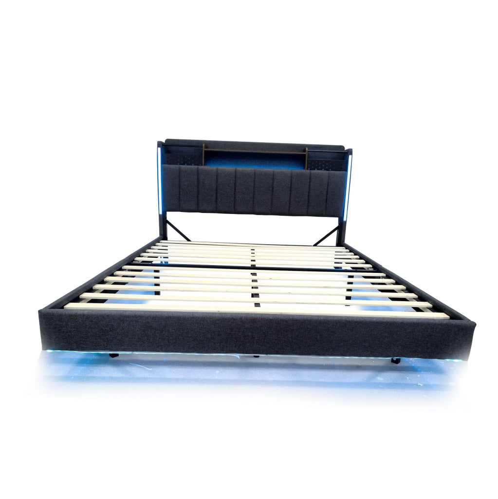 Letto imbottito 140x200 con LED; USB e testiera con contenitore; grigio