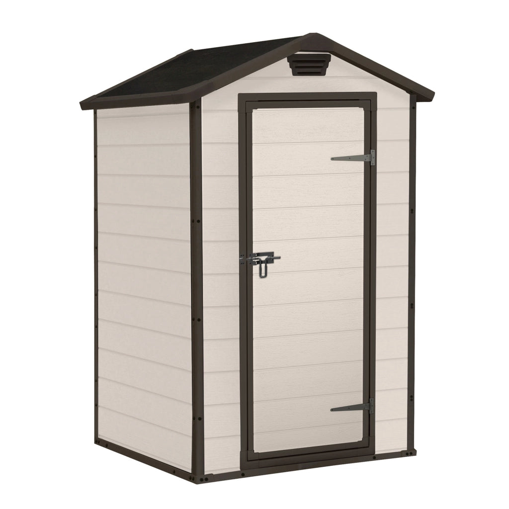 Manor 4x3 - Casetta da Giardino 129x196x103 cm 1 Anta per deposito attrezzi fini-tura effetto legno graffiato  in Resina Beige