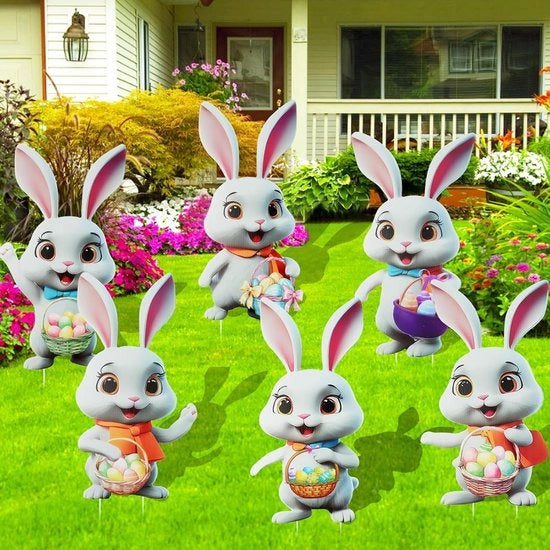 Set di 6 Tavoli di Decorazione Pasquale: Decorazioni per il Giardino Pasquale - Tavoli di Recupero Esterni con Criceto e Caccia all'Ovo - Decorazioni per il Giardino Pasquale con Set di 12 Paline