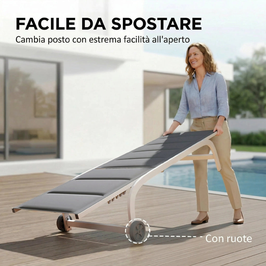 Lettino Prendisole da Giardino 62x165x94 cm con Ruote in Texteline con Telaio in Alluminio Grigio Scuro e Bianco