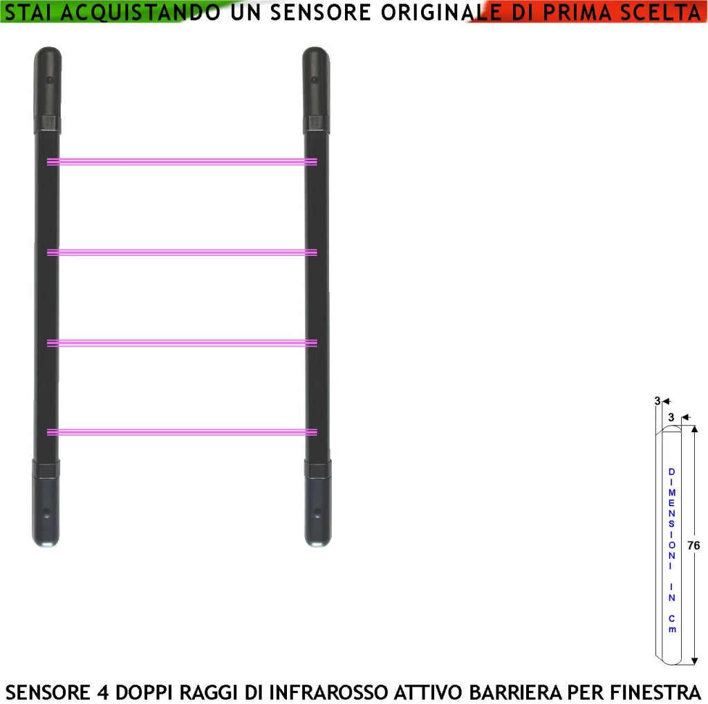Barriera Infrarossi Attivi 4 Multifasci Segnala Allarme Rispetto alla Programmazione Dei Fasci Interrotti dal'Intruso Relè Libero Tamper Esclusione Led e Cicalino Aliment. 12 V Misure H760XL30XP30 mm