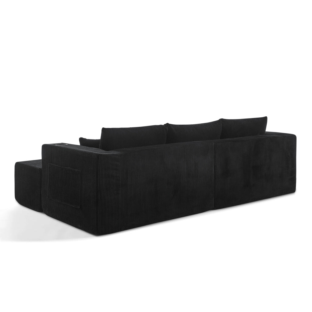 Divano angolare modulare 3 posti con pouf mobili portabicchieri tasche laterali e cuscini in velluto a coste nero