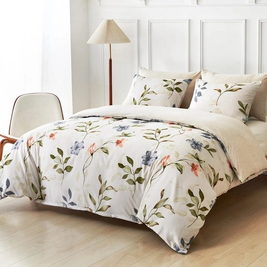 Dekbedovertrek 220 x 240 cm con 2 cuscini con copri cuscino 65 x 65 cm, fiori e foglie autunnali, 100% microfibra, lenzuola da letto 220 x 240 cm, adulti, con chiusura a zip, beige