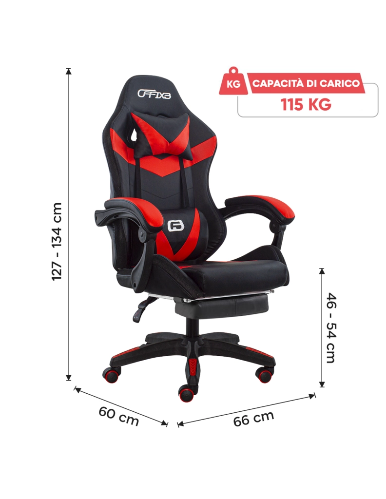 Sedia da Gaming Ergonomica 66x60x134 cm con Poggiapiedi in Similpelle Rosso