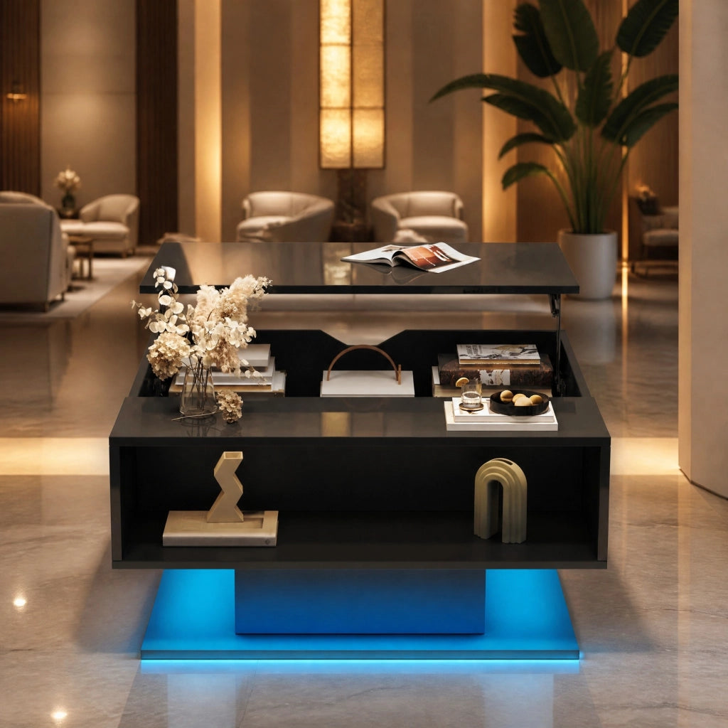 TAVOLO DA SALOTTO Alzabile 80x75x40 cm Nero con LED e vano portaoggetti