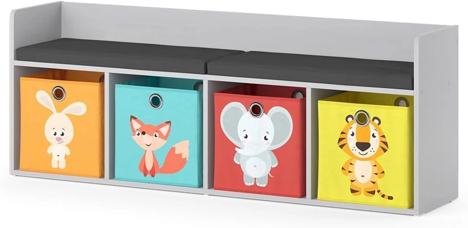 Scaffale per bambini Luigi, Bianco, 107.2 x 88.6 cm 4 scomparti, con cassette pieghevoli grigie, combinabile con altri elementi della serie Luigi