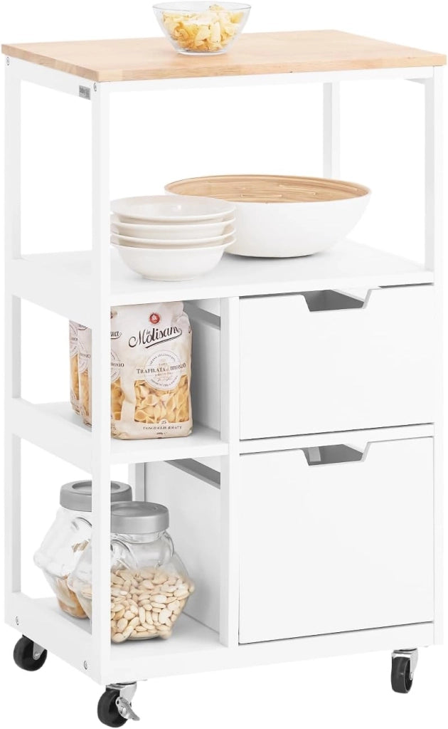 Carrello Cucina con Ruote Salvaspazio per Piccoli Spazi, Mobiletto Cucina con Cassetti e Ripiani, Carrello con Ruote Portatutto da Cucina, Isola Cucina Compatta Bianco 53x37x89 cm FKW111-WN