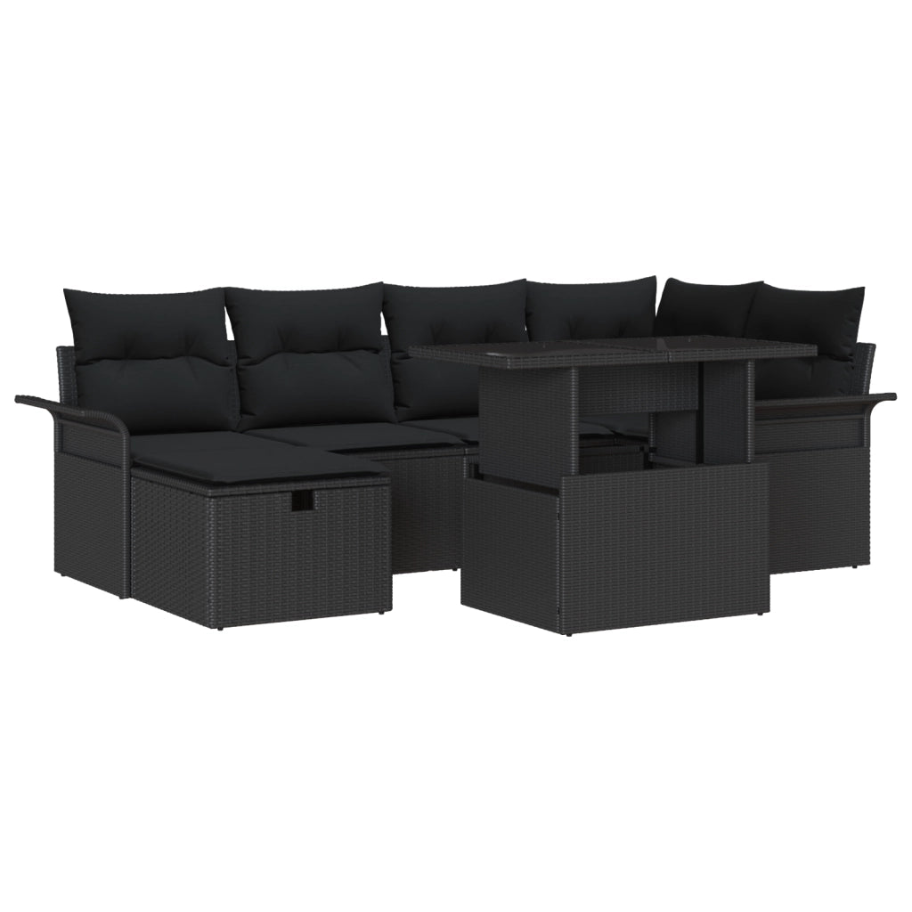 Set di Divano da Giardino  7 Pezzi con Cuscini Nero Polyrattan