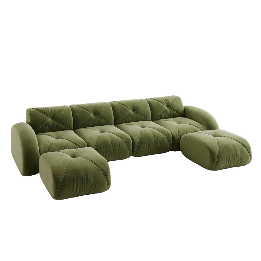 Divano modulare a U senza struttura con 4 posti e 2 pouf, in ciniglia verde, antiscivolo, per soggiorno, senza montaggio