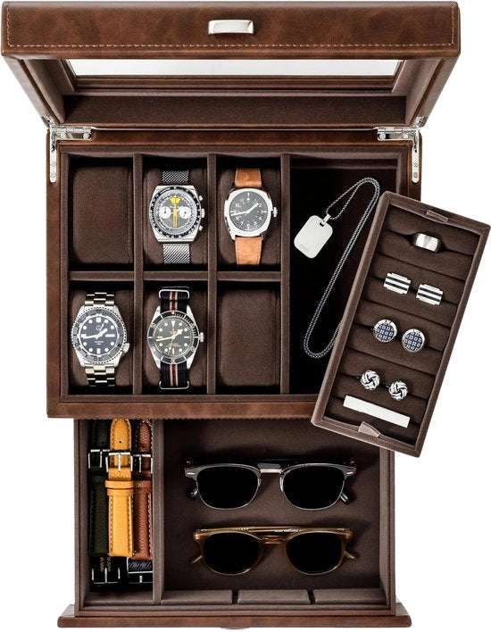 Cassettiera multifunzionale per orologi da 6 - Cassa per occhiali e orologi | Cassa per gioielli (marrone)
