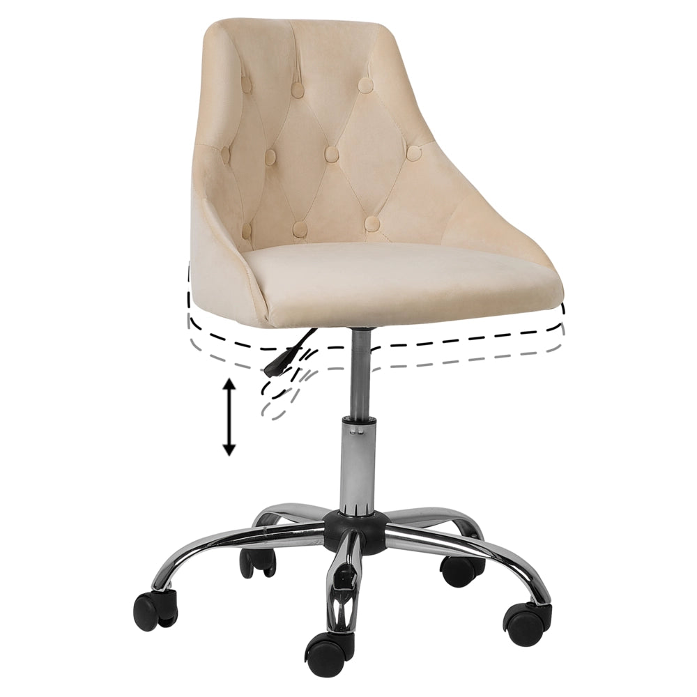 Sedia da ufficio girevole in velluto beige con bottoni regolabili in altezza