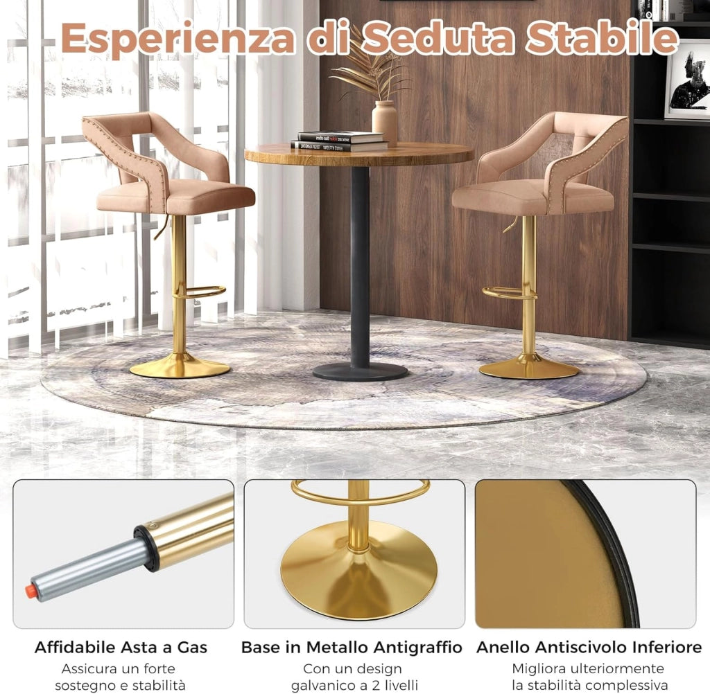 Set 2 Sgabelli da Bar in Velluto, Sedie Girevole e Regolabile con Poggiapiedi, Schienali in Forma a T, Braccioli, Base in Metallo Elettroplaccata per Cucina ad Isola e Sala da Pranzo (Rosa)